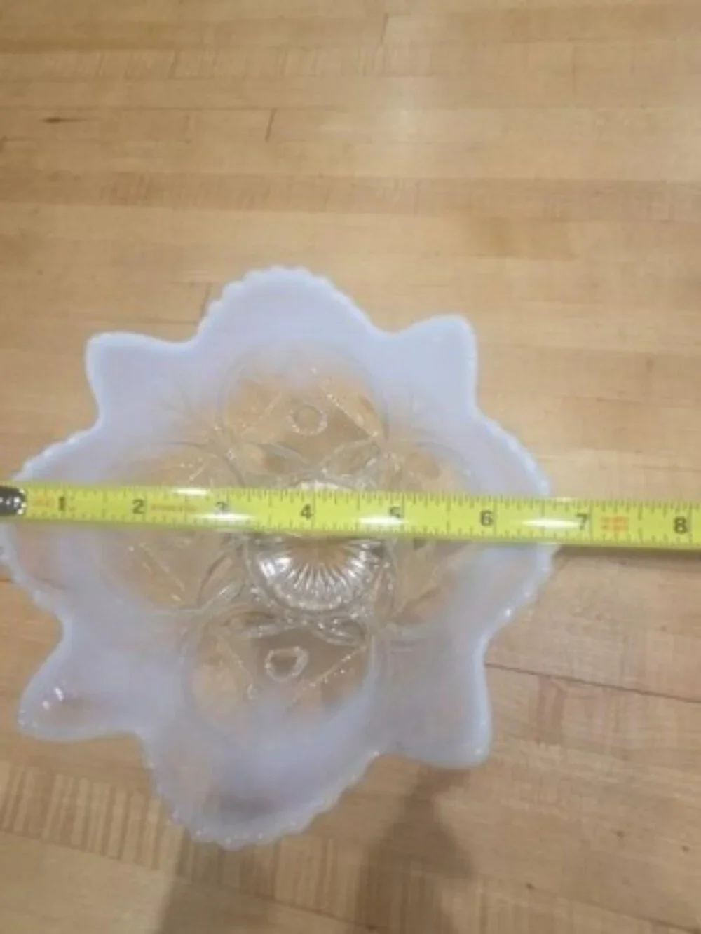 Antique Dugan Glass Wheel and Block White Opalescent Star Ruffled Bowl 1905